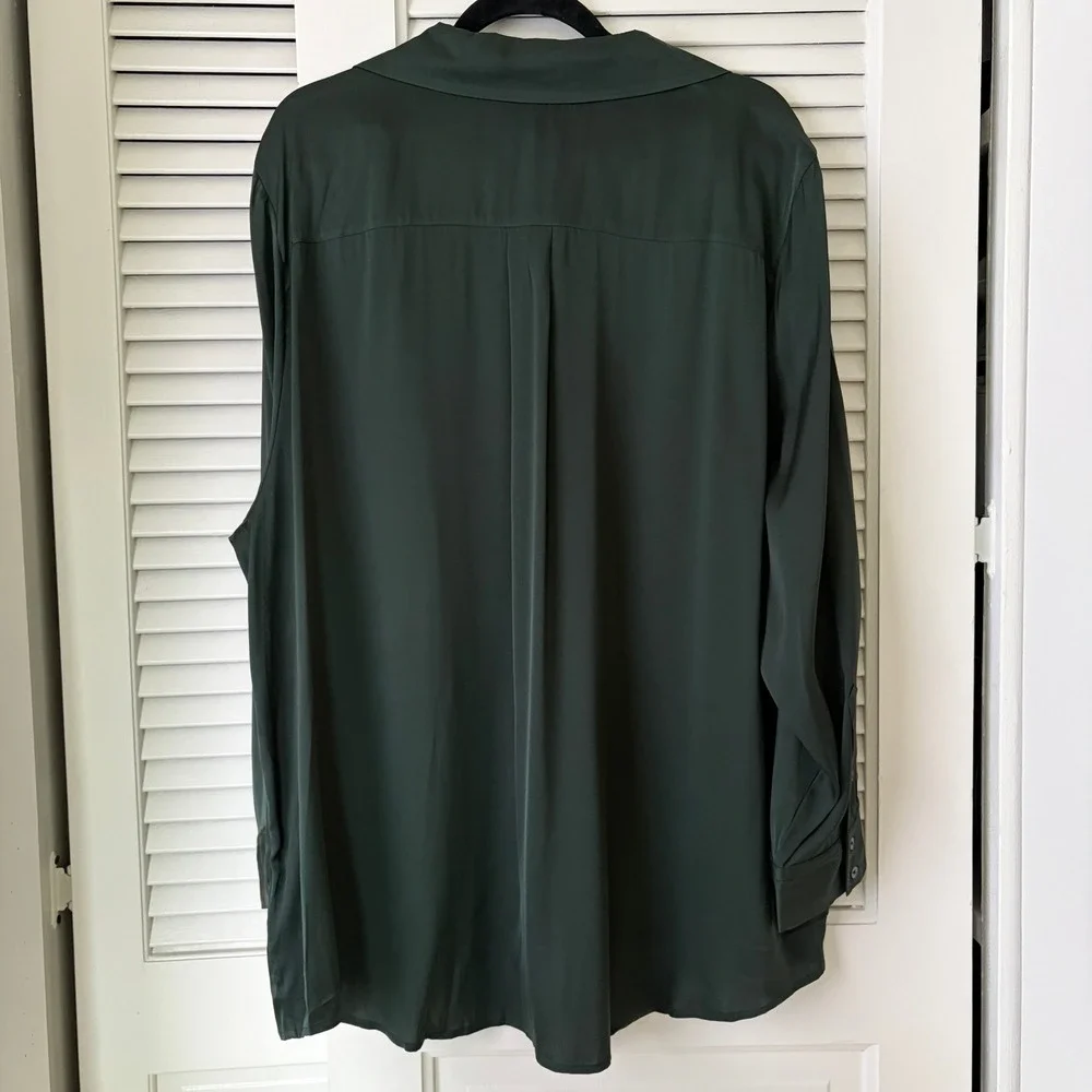Quince Plus Size Stretch Silk Notch Collar Blouse Forest Green Women's 3X NWT